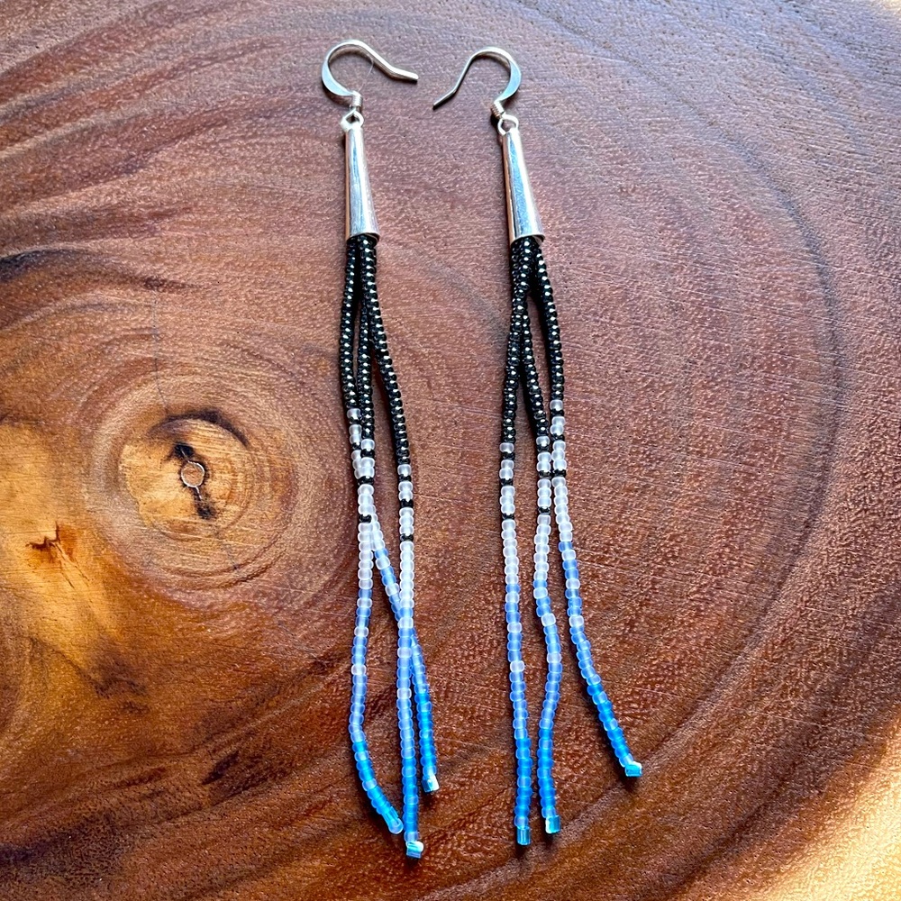 BLUE LAGOON - long bead drop earrings - handmade